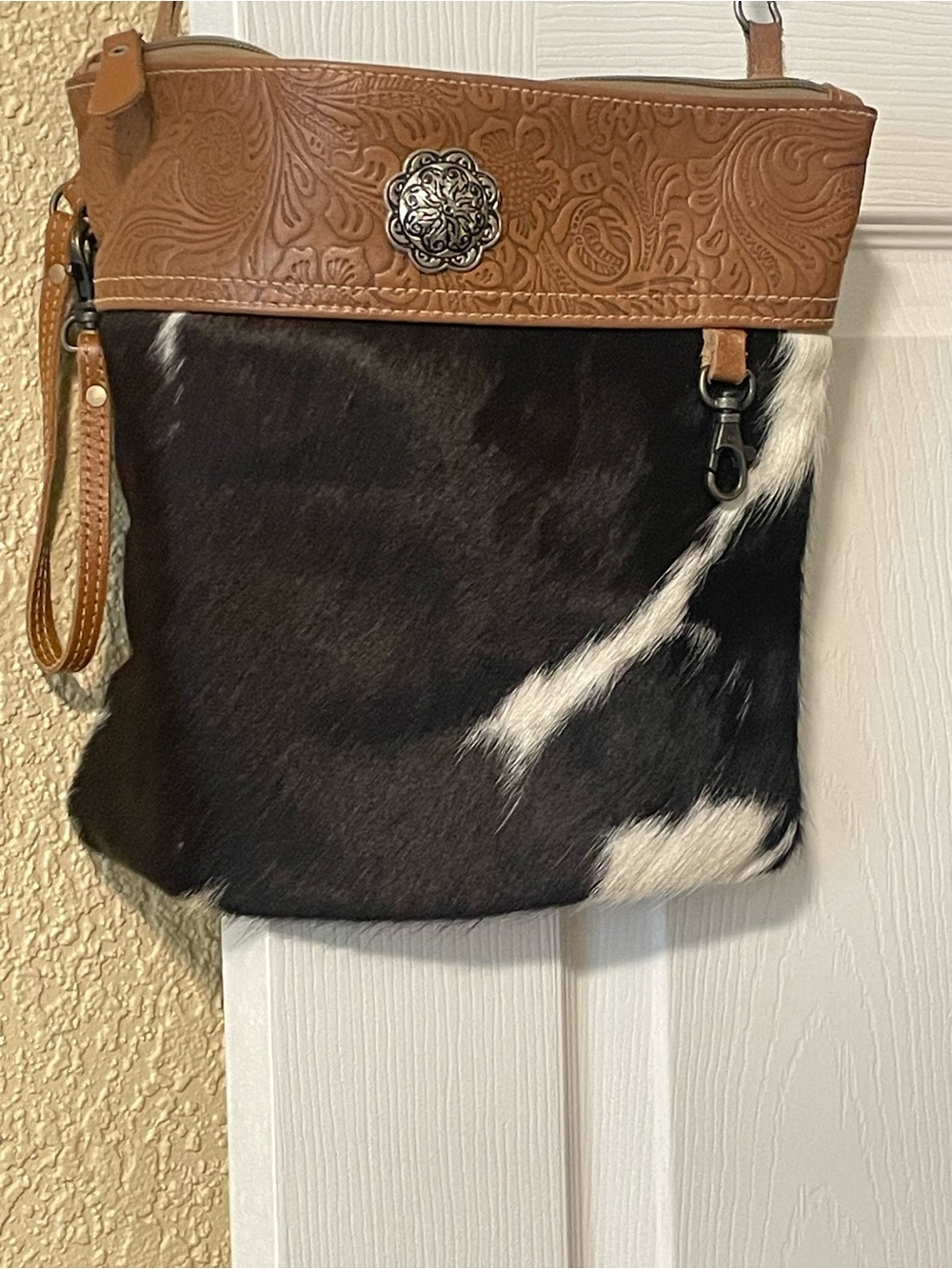 Myra crossbody purse  Canvas Lined Interior with Black cow hair used 2 times